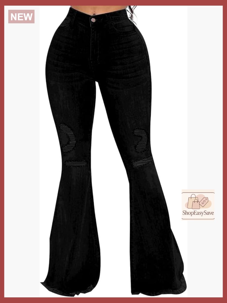 Bell Bottom Jeans For Women Elastic High Waist Raw Hem Denim Flare Pants